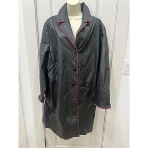 Mens Black Leather Trench Coat Pink Trim‎ Duster Jacket Outerwear Venezia